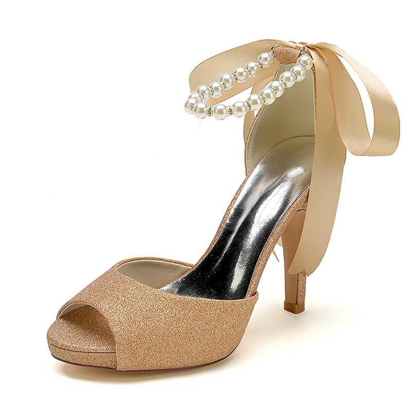3.94" Glitter Pumps Lace-Up Peep Platform Wedding Shoes With Pearls