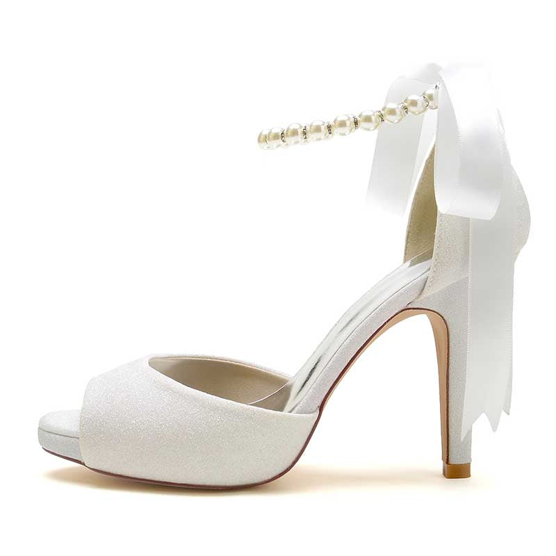 3.94" Glitter Pumps Lace-Up Peep Platform Wedding Shoes With Pearls