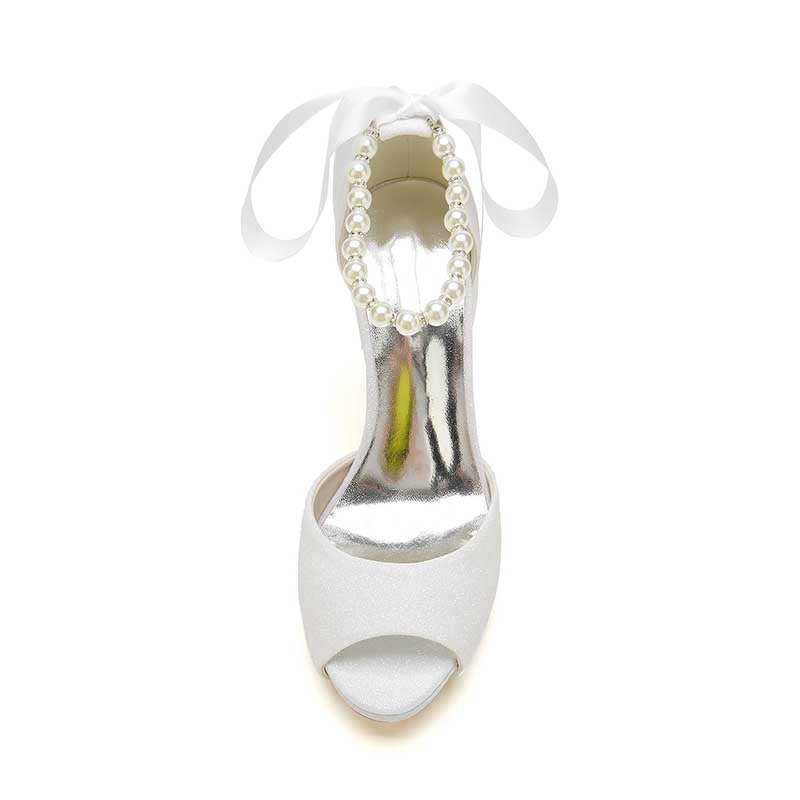 3.94" Glitter Pumps Lace-Up Peep Platform Wedding Shoes With Pearls