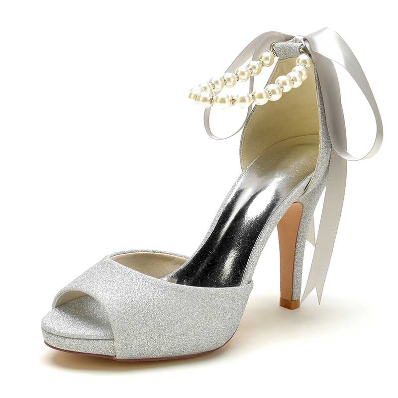 3.94" Glitter Pumps Lace-Up Peep Platform Wedding Shoes With Pearls
