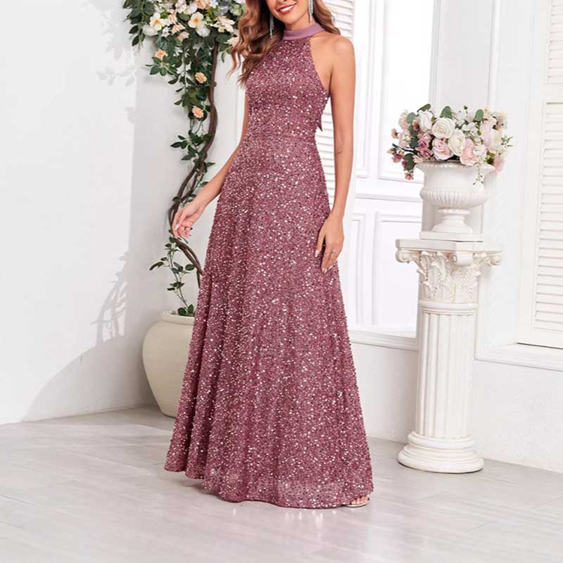 Halter Neck Sequin Wedding Guest Dress Dusty Rose Long Evening Dress