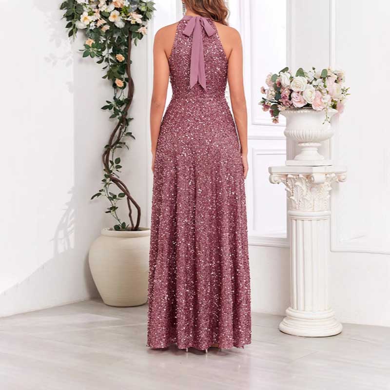 Halter Neck Sequin Wedding Guest Dress Dusty Rose Long Evening Dress