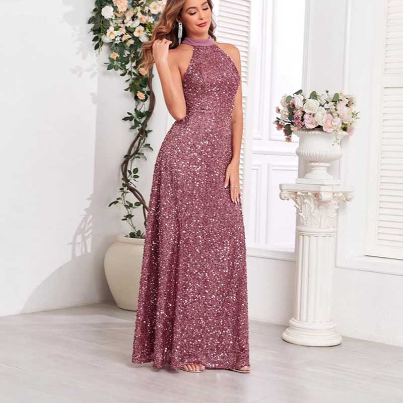 Halter Neck Sequin Wedding Guest Dress Dusty Rose Long Evening Dress