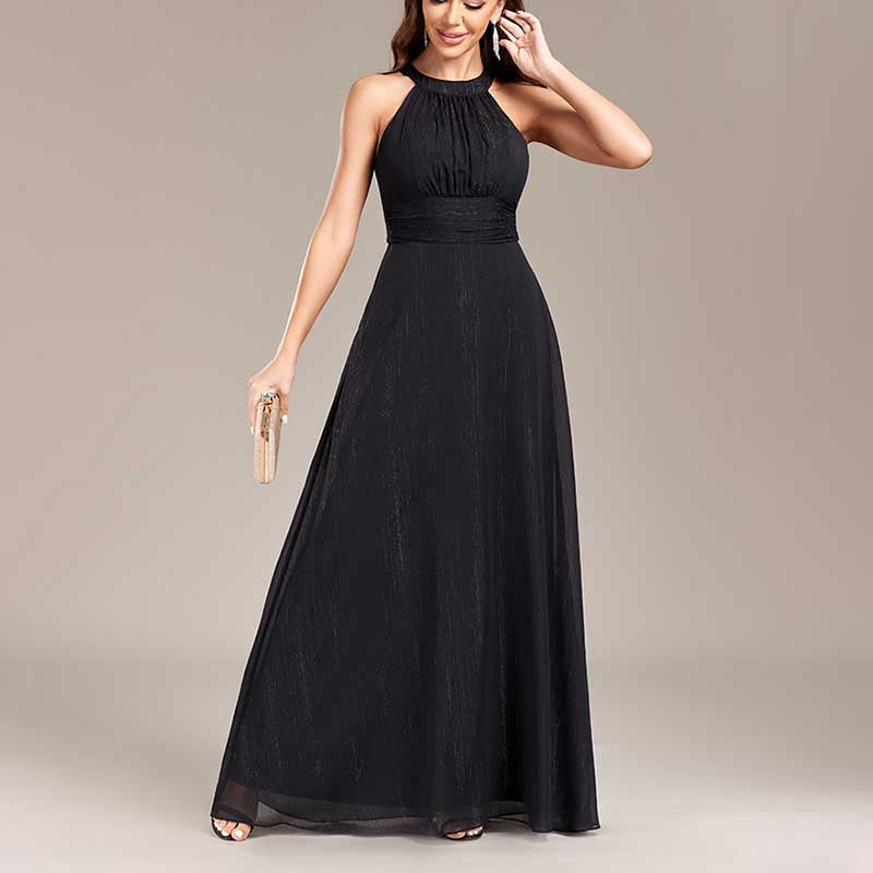 Halter Neck Wedding Guest Dress Black Long Evening Dress Maxi Prom