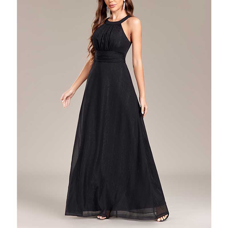 Halter Neck Wedding Guest Dress Black Long Evening Dress Maxi Prom