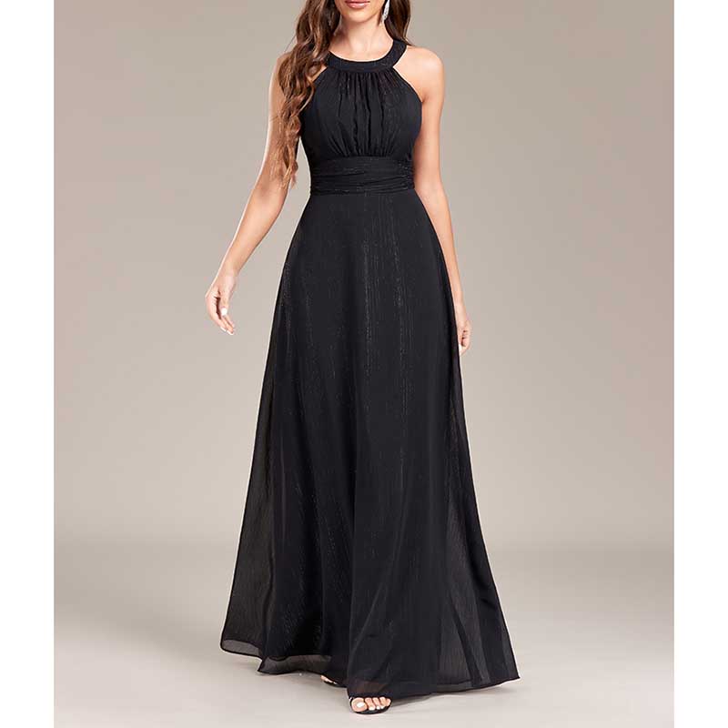 Halter Neck Wedding Guest Dress Black Long Evening Dress Maxi Prom