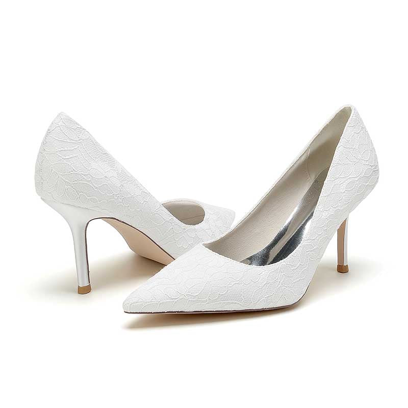 3.35" Heeled Lace Satin Bridal Shoes For Wedding