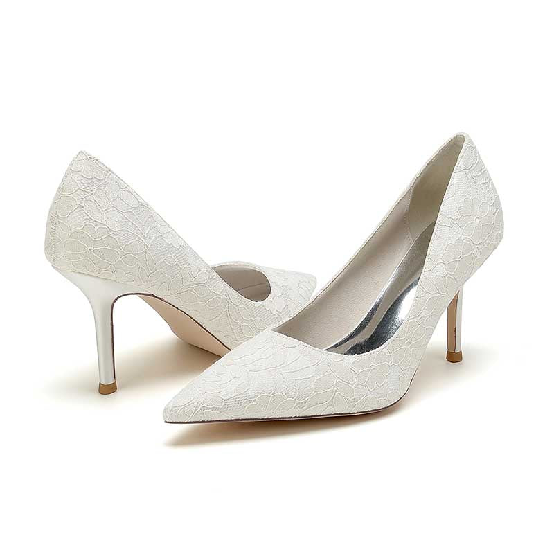 3.35" Heeled Lace Satin Bridal Shoes For Wedding