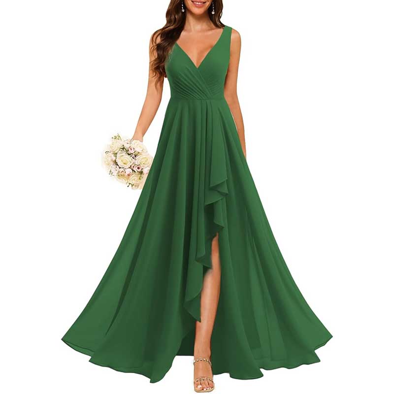Hi-Lo V Neck Bridesmaid Dresses A-line Formal Evening Gowns with Pockets