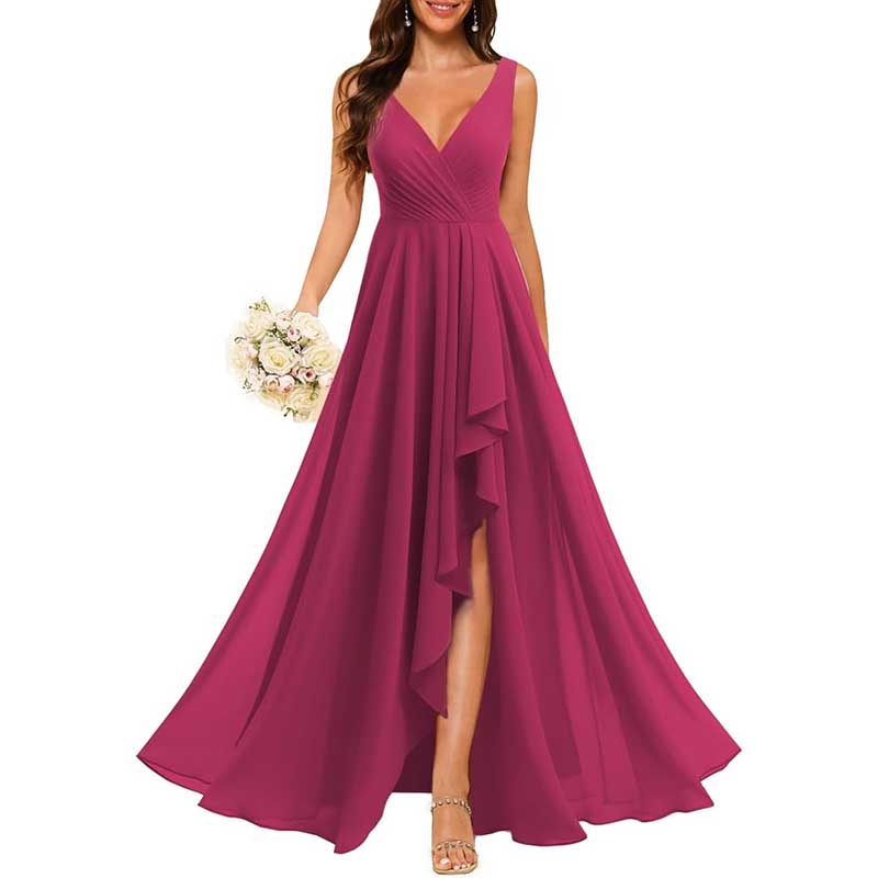 Hi-Lo V Neck Bridesmaid Dresses A-line Formal Evening Gowns with Pockets