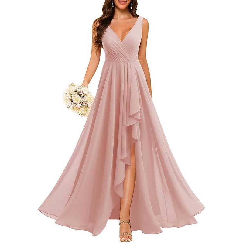 Hi-Lo V Neck Bridesmaid Dresses A-line Formal Evening Gowns with Pockets