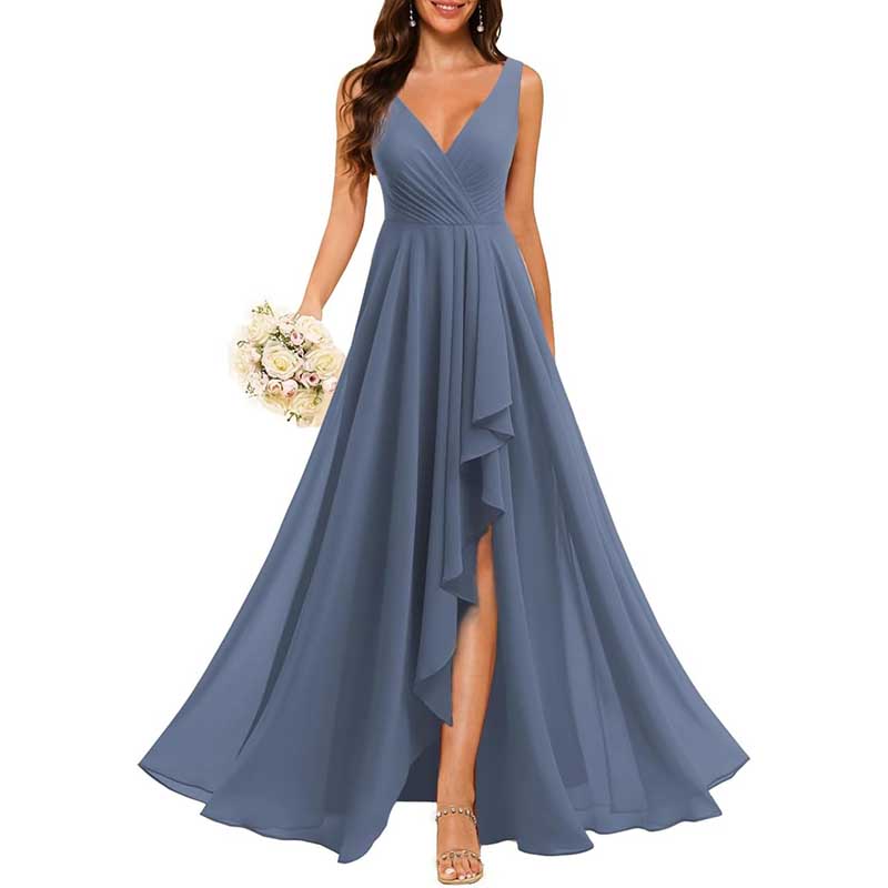 Hi-Lo V Neck Bridesmaid Dresses A-line Formal Evening Gowns with Pockets