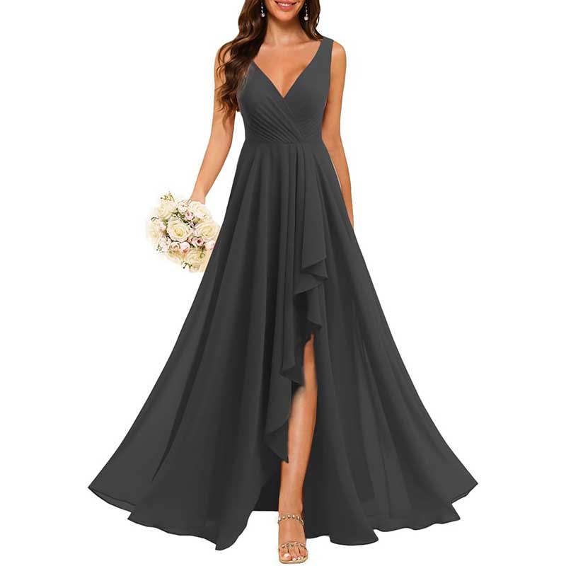 Hi-Lo V Neck Bridesmaid Dresses A-line Formal Evening Gowns with Pockets