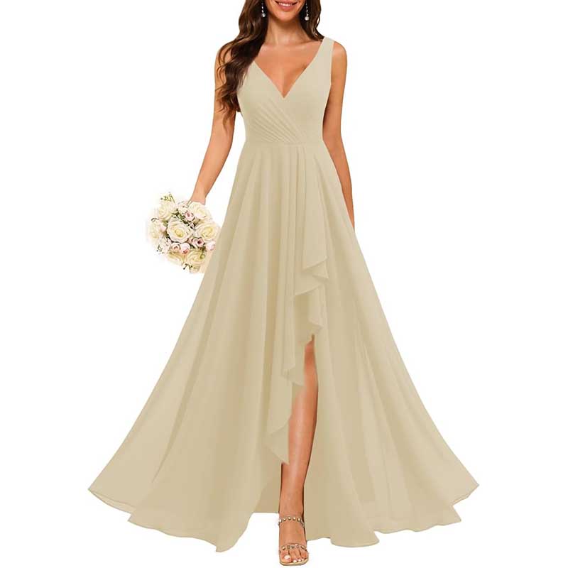 Hi-Lo V Neck Bridesmaid Dresses A-line Formal Evening Gowns with Pockets