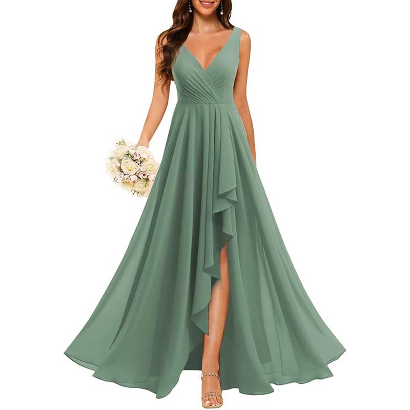Hi-Lo V Neck Bridesmaid Dresses A-line Formal Evening Gowns with Pockets