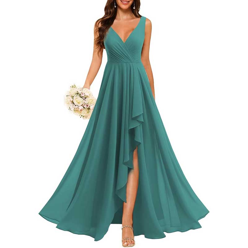 Hi-Lo V Neck Bridesmaid Dresses A-line Formal Evening Gowns with Pockets