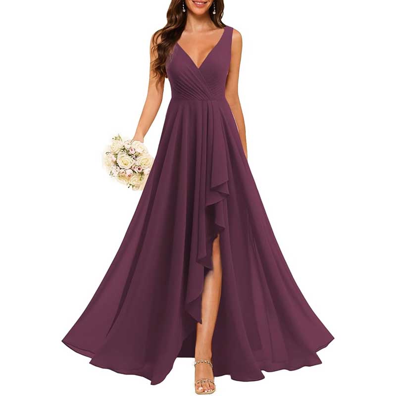 Hi-Lo V Neck Bridesmaid Dresses A-line Formal Evening Gowns with Pockets