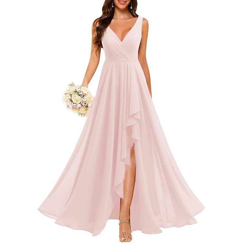 Hi-Lo V Neck Bridesmaid Dresses A-line Formal Evening Gowns with Pockets