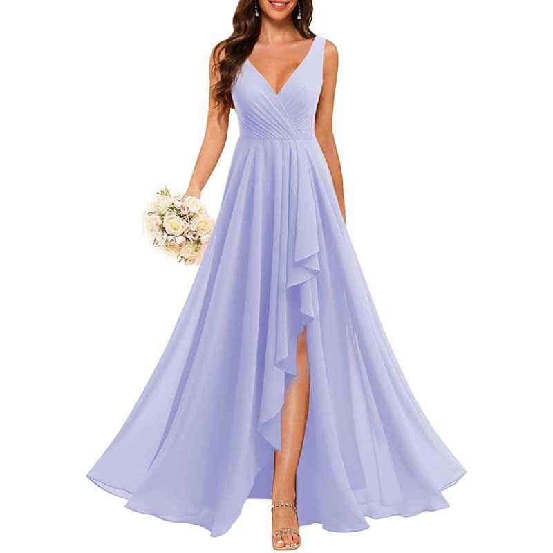 Hi-Lo V Neck Bridesmaid Dresses A-line Formal Evening Gowns with Pockets