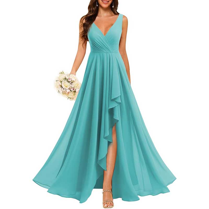 Hi-Lo V Neck Bridesmaid Dresses A-line Formal Evening Gowns with Pockets