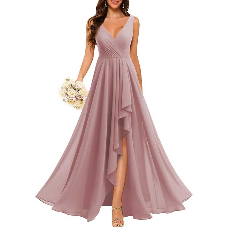 Hi-Lo V Neck Bridesmaid Dresses A-line Formal Evening Gowns with Pockets