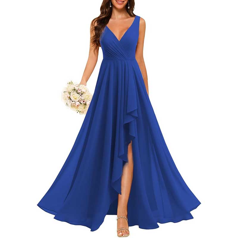 Hi-Lo V Neck Bridesmaid Dresses A-line Formal Evening Gowns with Pockets