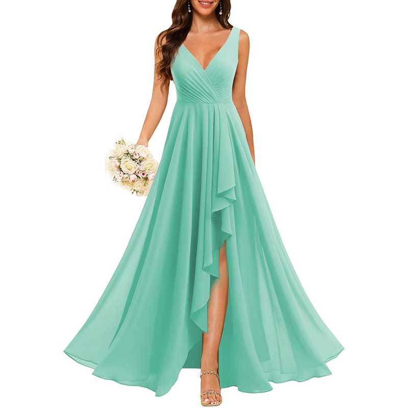 Hi-Lo V Neck Bridesmaid Dresses A-line Formal Evening Gowns with Pockets