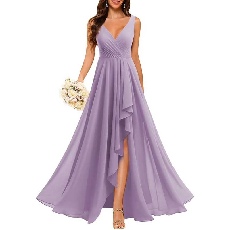 Hi-Lo V Neck Bridesmaid Dresses A-line Formal Evening Gowns with Pockets