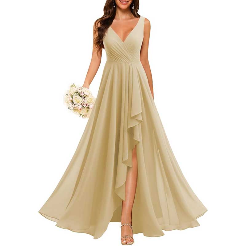Hi-Lo V Neck Bridesmaid Dresses A-line Formal Evening Gowns with Pockets
