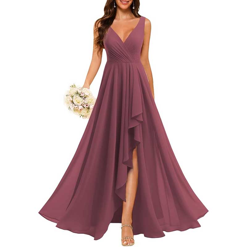 Hi-Lo V Neck Bridesmaid Dresses A-line Formal Evening Gowns with Pockets