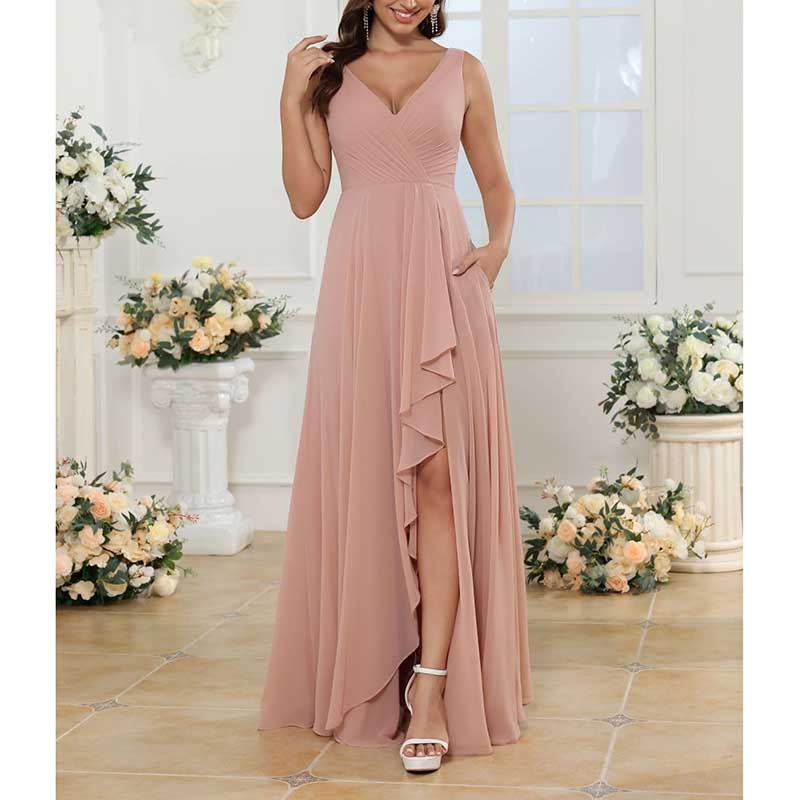 Hi-Lo V Neck Bridesmaid Dresses A-line Formal Evening Gowns with Pockets