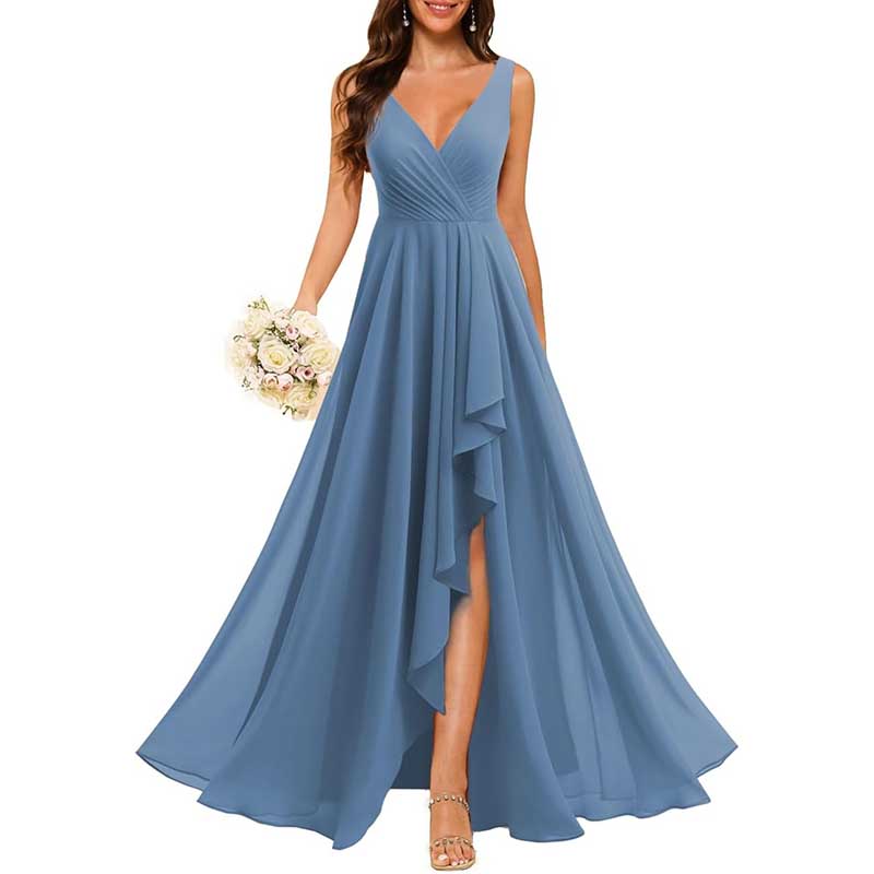 Hi-Lo V Neck Bridesmaid Dresses A-line Formal Evening Gowns with Pockets