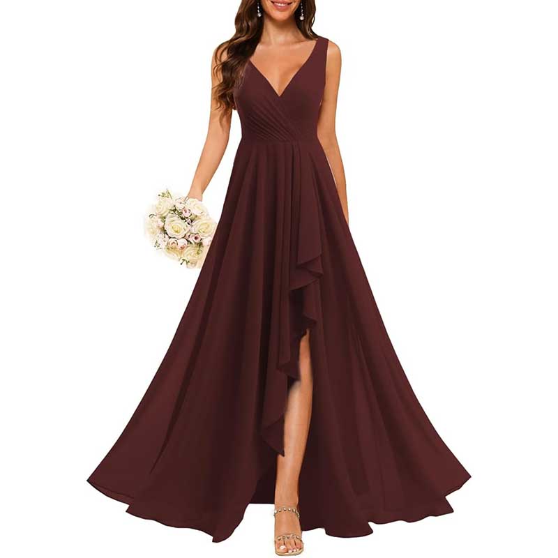 Hi-Lo V Neck Bridesmaid Dresses A-line Formal Evening Gowns with Pockets