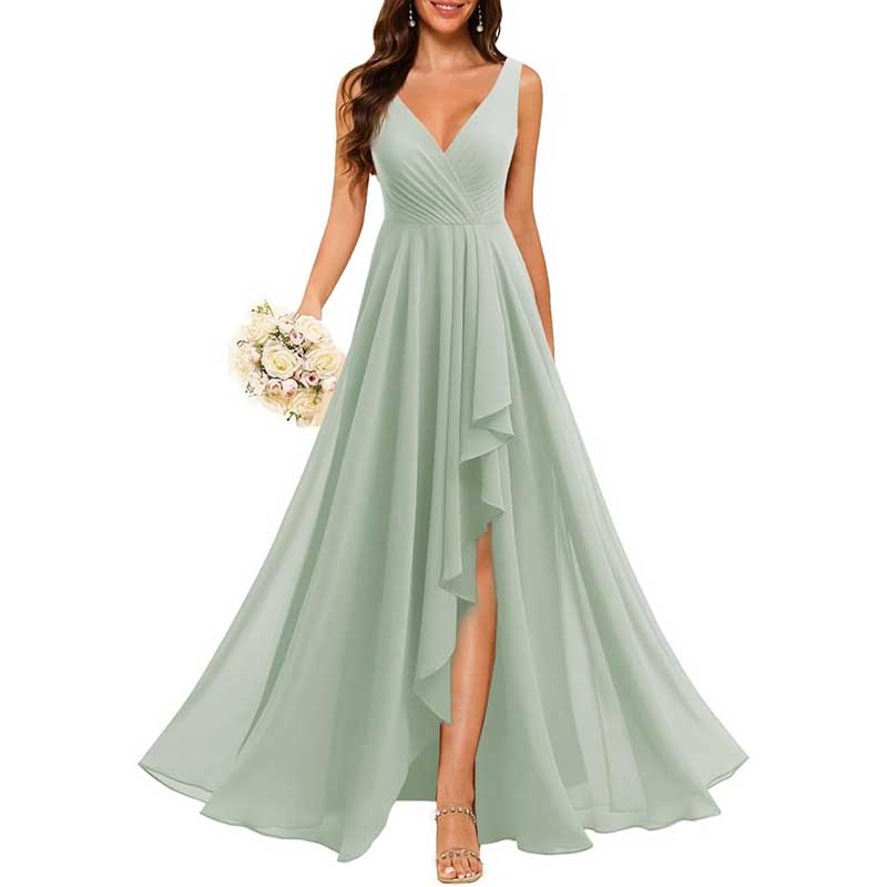 Hi-Lo V Neck Bridesmaid Dresses A-line Formal Evening Gowns with Pockets