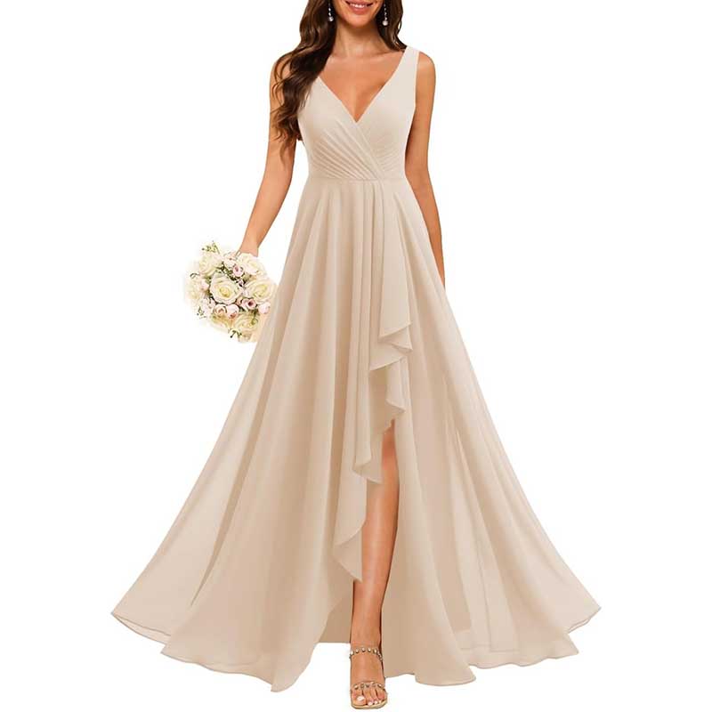 Hi-Lo V Neck Bridesmaid Dresses A-line Formal Evening Gowns with Pockets