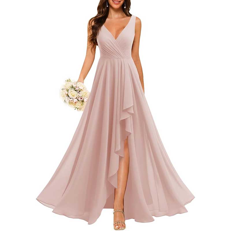 Hi-Lo V Neck Bridesmaid Dresses A-line Formal Evening Gowns with Pockets