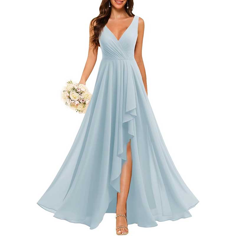 Hi-Lo V Neck Bridesmaid Dresses A-line Formal Evening Gowns with Pockets
