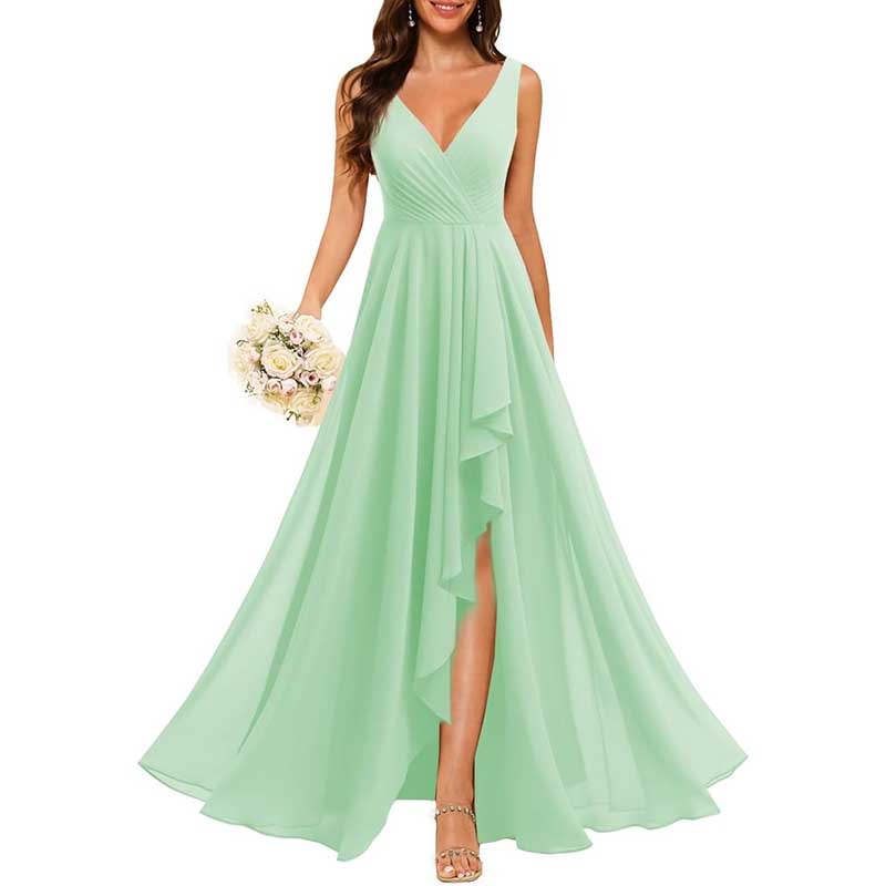Hi-Lo V Neck Bridesmaid Dresses A-line Formal Evening Gowns with Pockets
