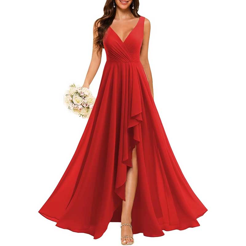 Hi-Lo V Neck Bridesmaid Dresses A-line Formal Evening Gowns with Pockets