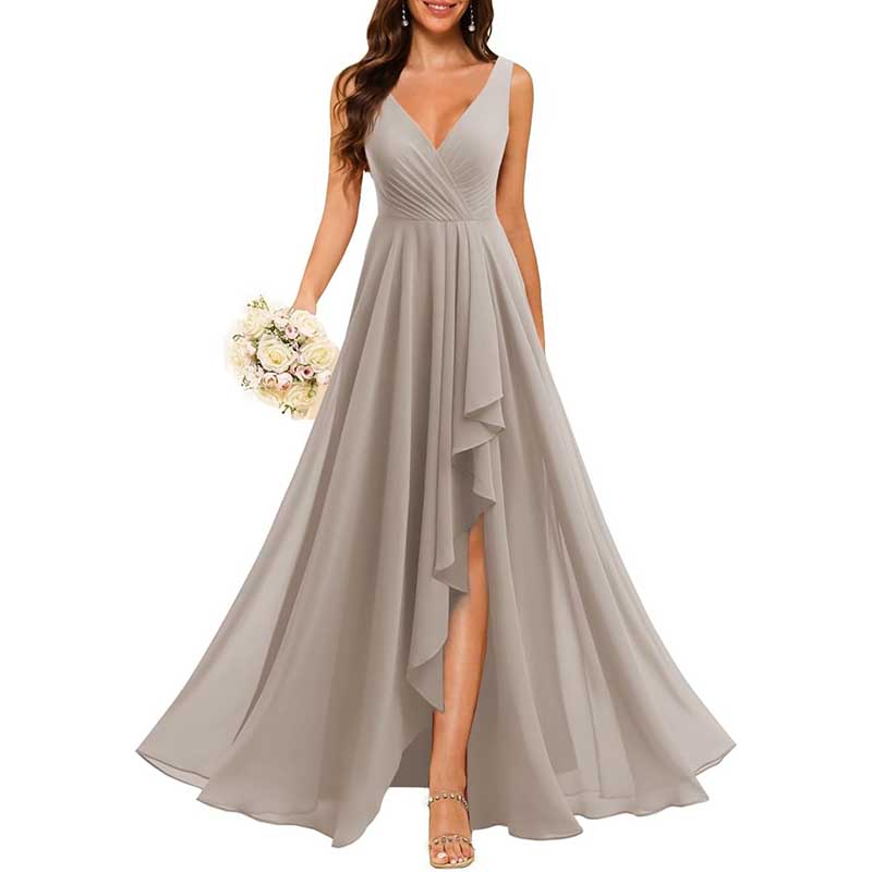 Hi-Lo V Neck Bridesmaid Dresses A-line Formal Evening Gowns with Pockets
