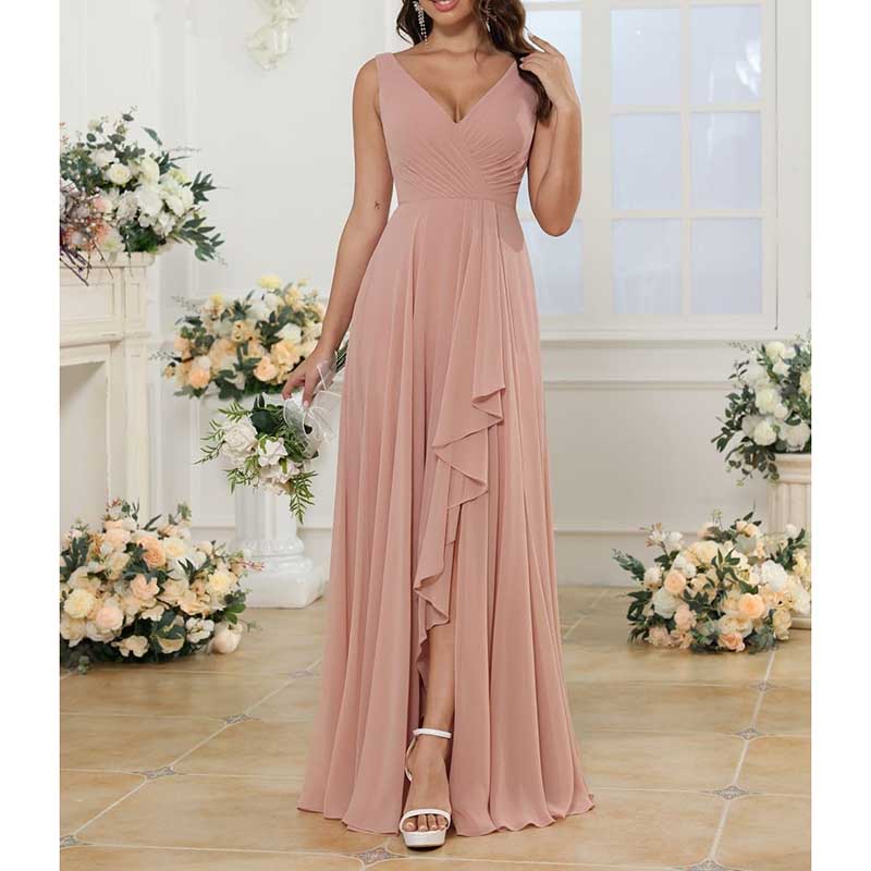 Hi-Lo V Neck Bridesmaid Dresses A-line Formal Evening Gowns with Pockets