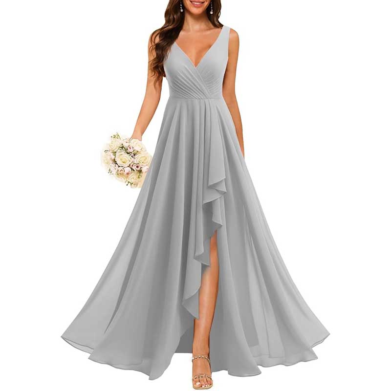 Hi-Lo V Neck Bridesmaid Dresses A-line Formal Evening Gowns with Pockets
