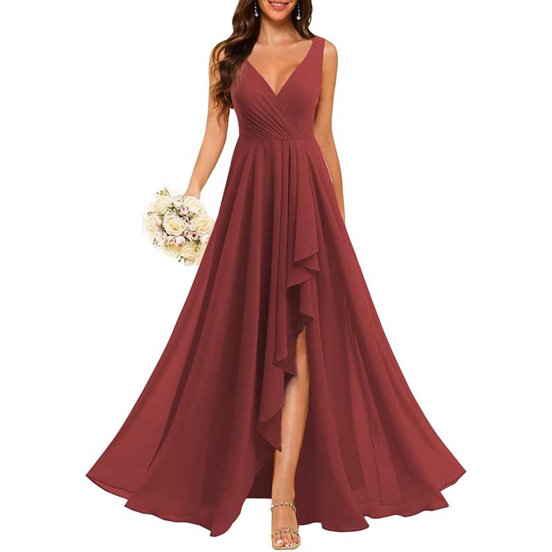 Hi-Lo V Neck Bridesmaid Dresses A-line Formal Evening Gowns with Pockets