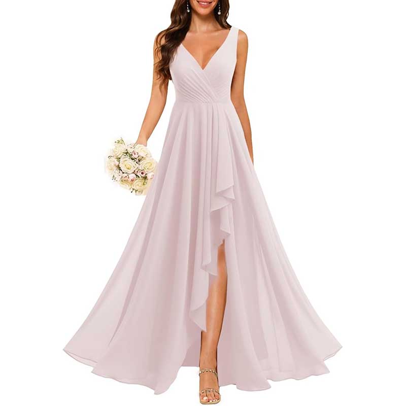 Hi-Lo V Neck Bridesmaid Dresses A-line Formal Evening Gowns with Pockets