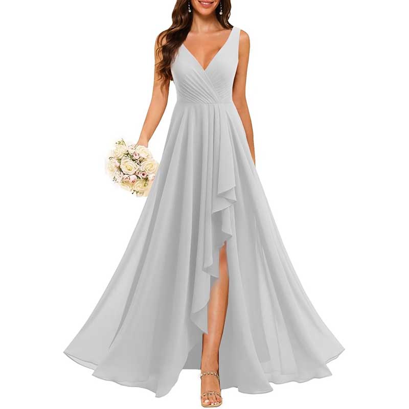 Hi-Lo V Neck Bridesmaid Dresses A-line Formal Evening Gowns with Pockets