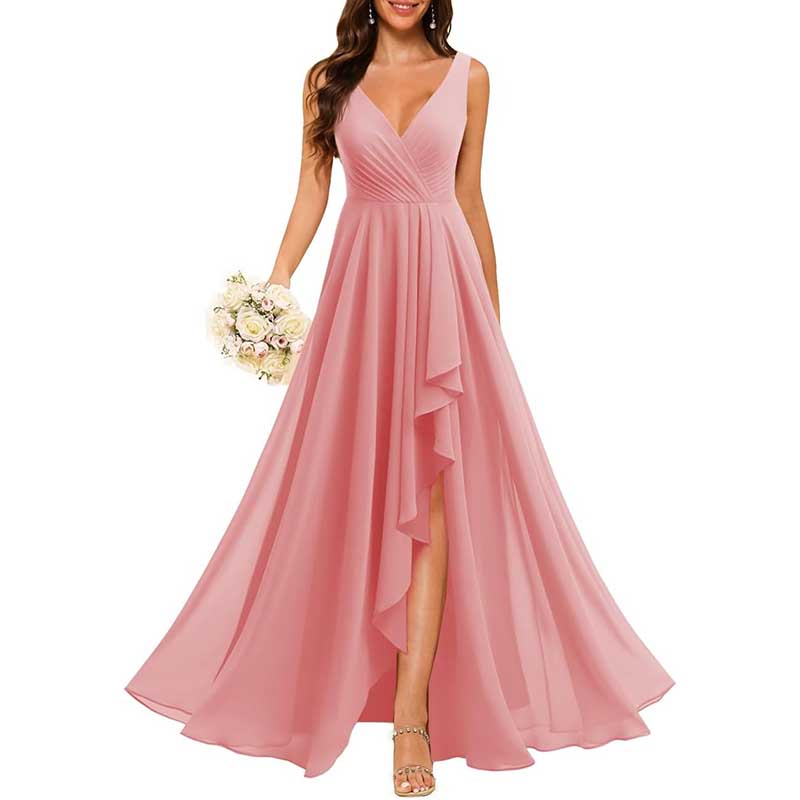 Hi-Lo V Neck Bridesmaid Dresses A-line Formal Evening Gowns with Pockets