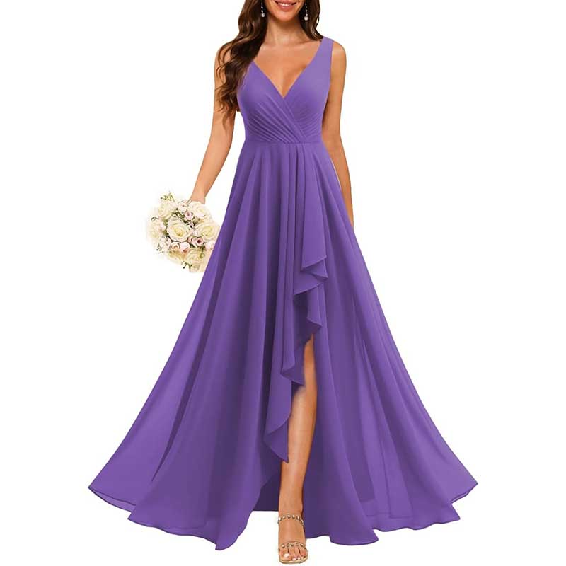 Hi-Lo V Neck Bridesmaid Dresses A-line Formal Evening Gowns with Pockets