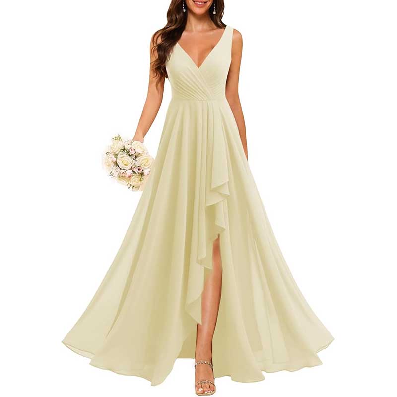 Hi-Lo V Neck Bridesmaid Dresses A-line Formal Evening Gowns with Pockets