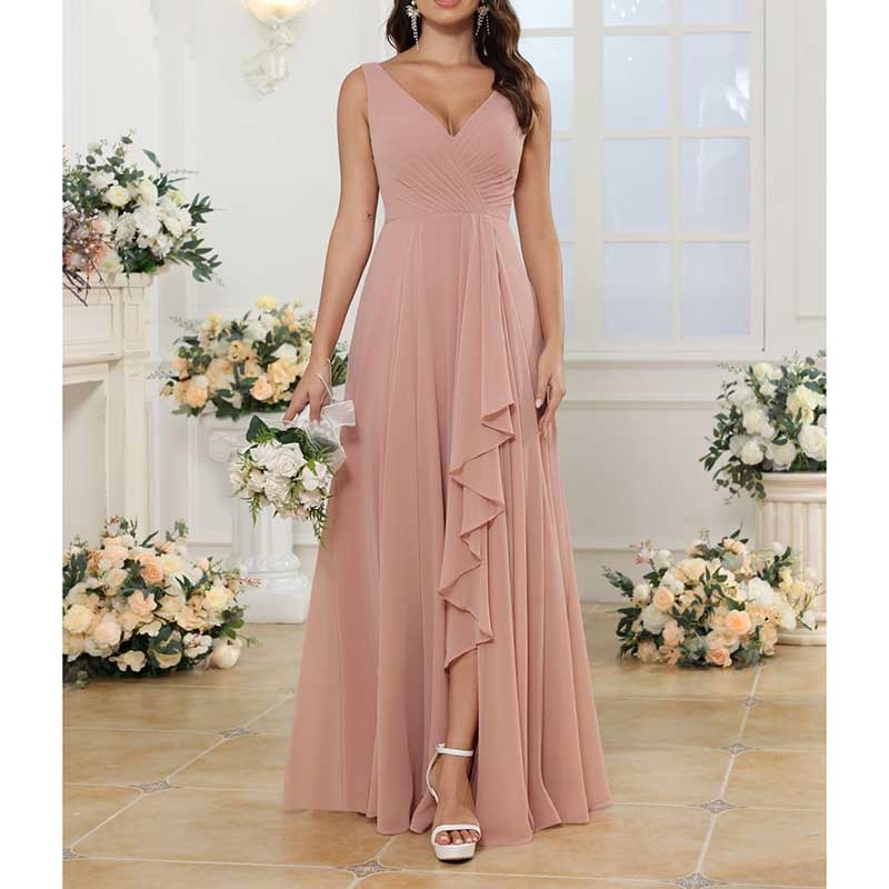 Hi-Lo V Neck Bridesmaid Dresses A-line Formal Evening Gowns with Pockets