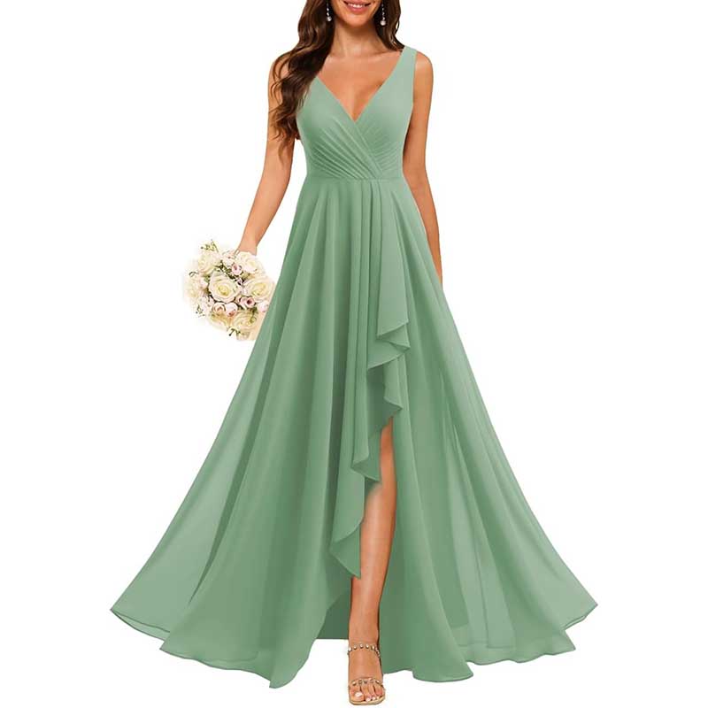Hi-Lo V Neck Bridesmaid Dresses A-line Formal Evening Gowns with Pockets